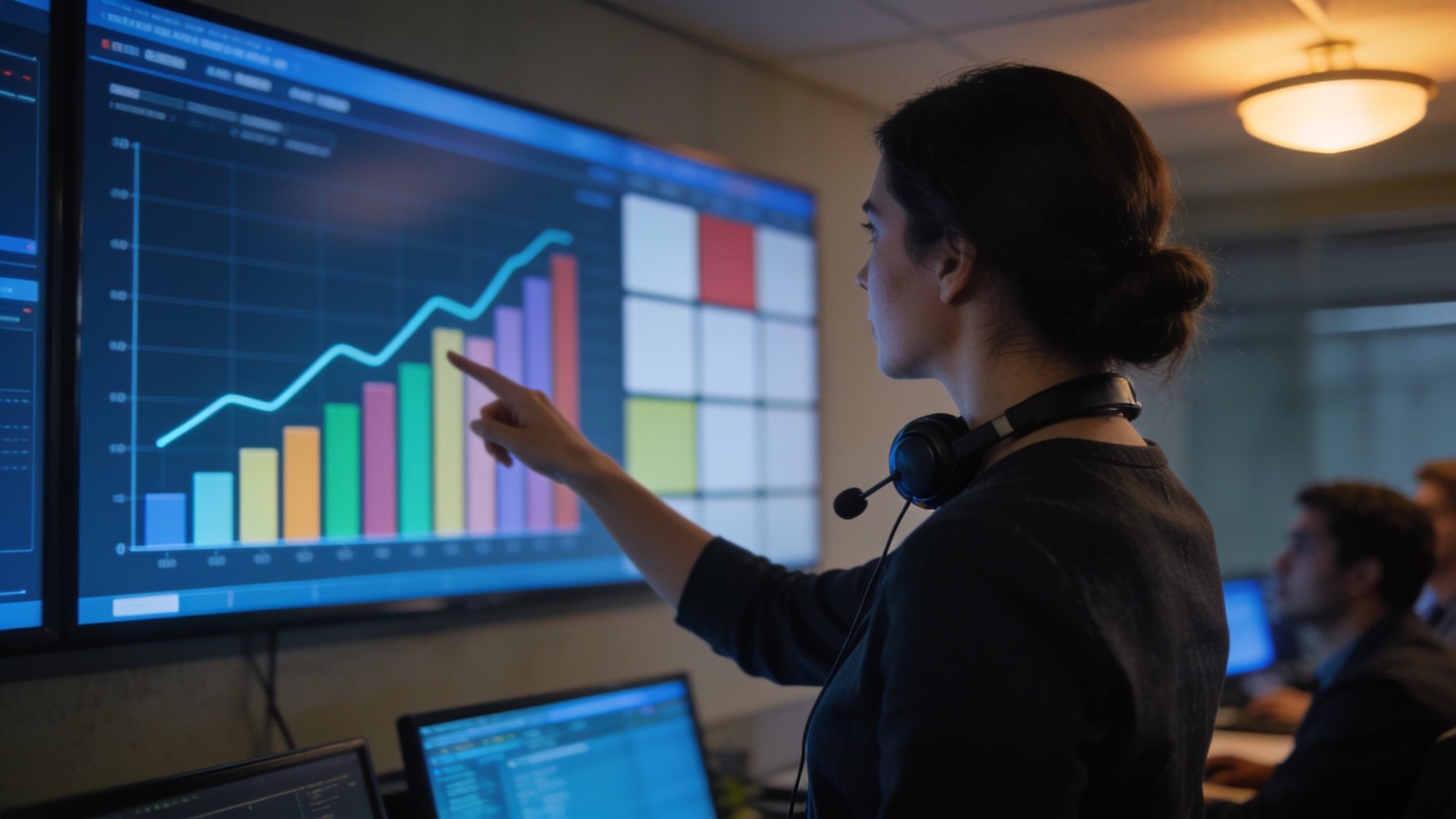 A team leader pointing at a wall display showing a live operations dashboard.