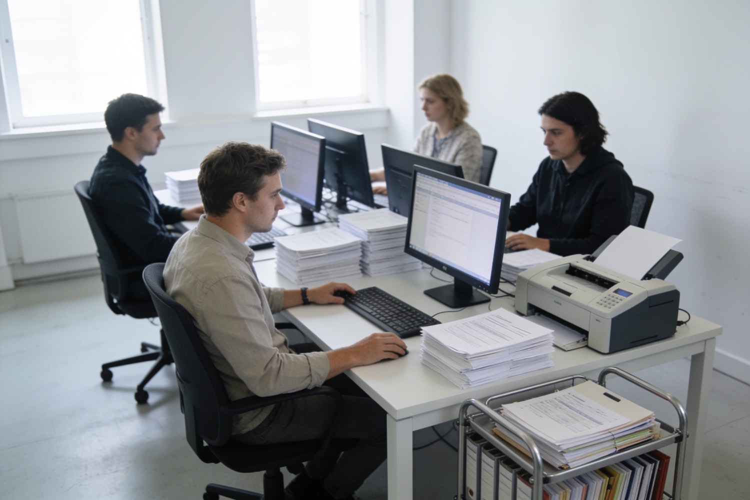 A back office team at clean desks with monitors, forms and a document scanner.