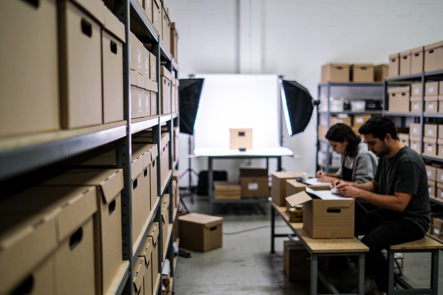A consumer brand fulfilment space with cartons on shelves and a lit product photography table.