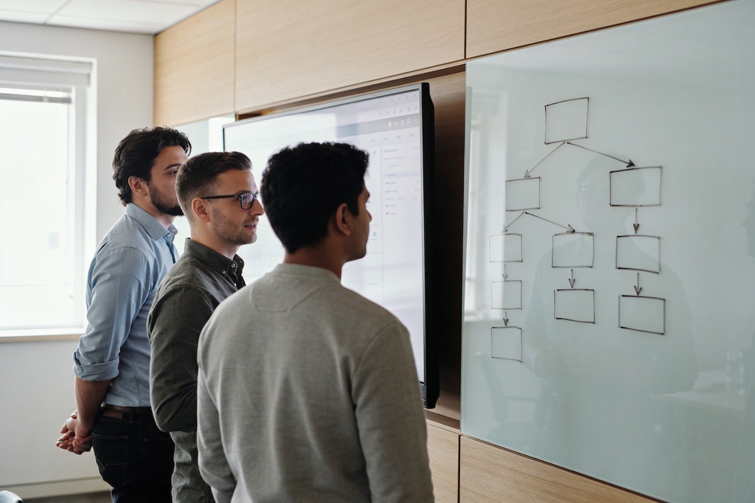 Three engineers at a wall screen, working through a system drawn in boxes and arrows.
