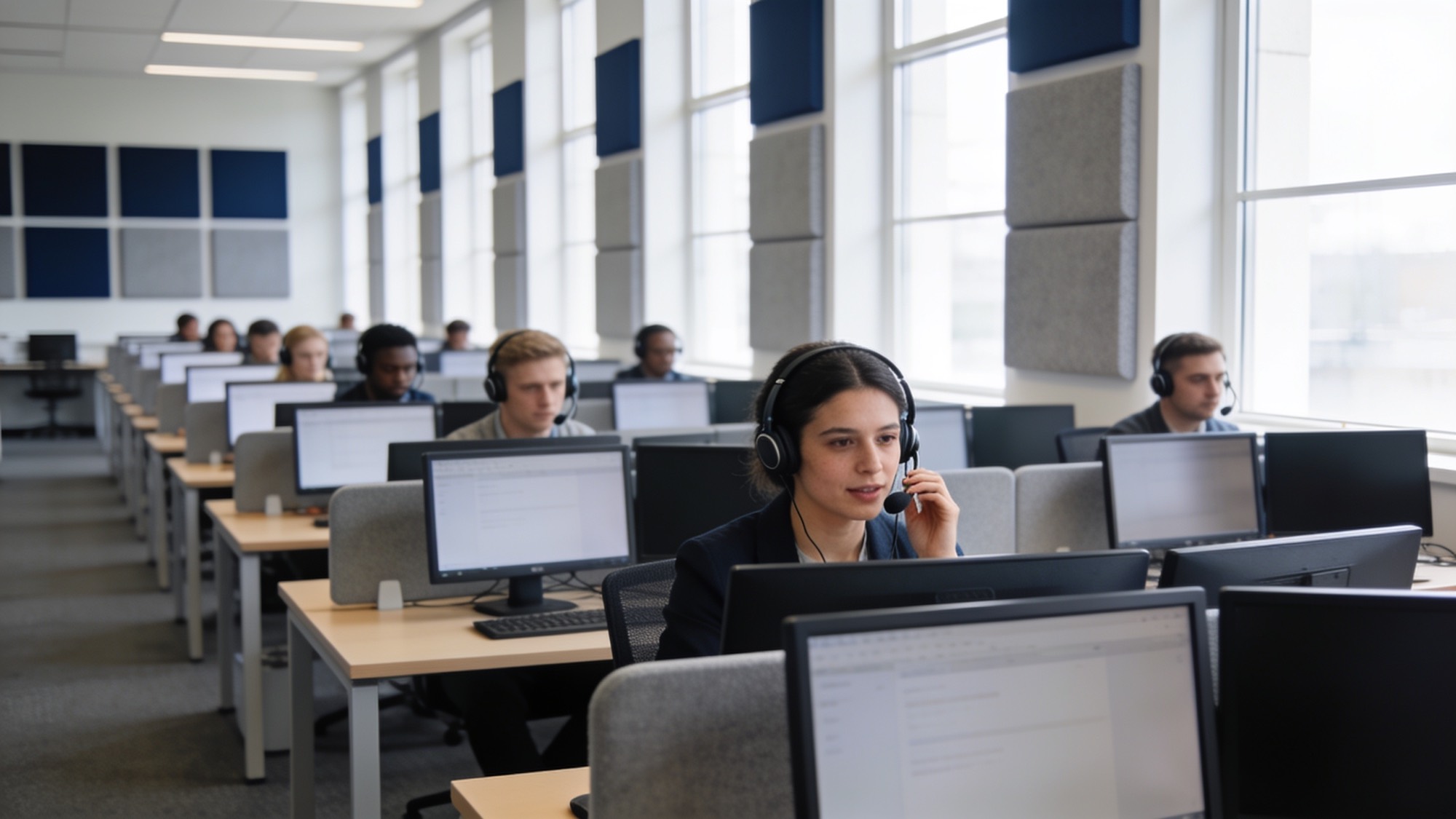 A contact centre floor. Agents in headsets at desks with daylight from tall windows.