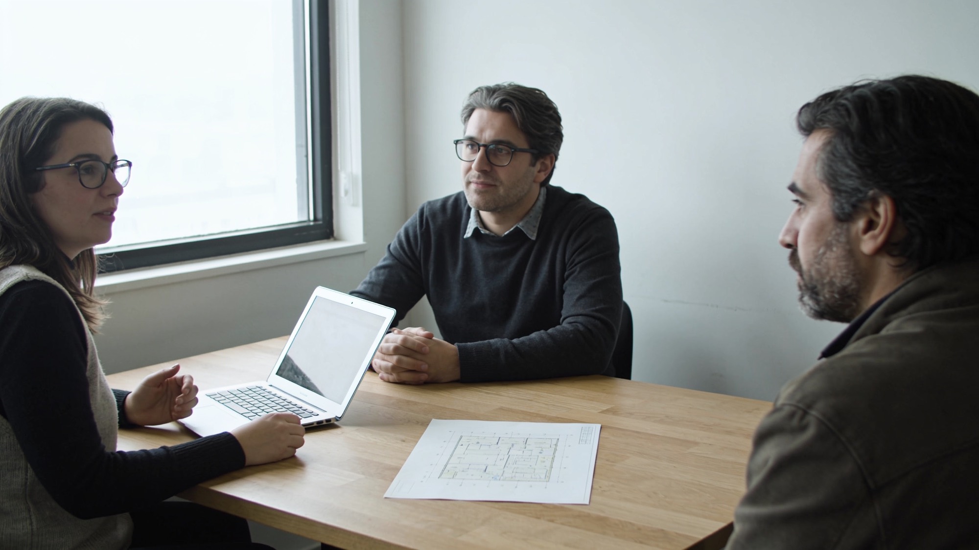 Three people in a small meeting room working through a printed one-page plan.